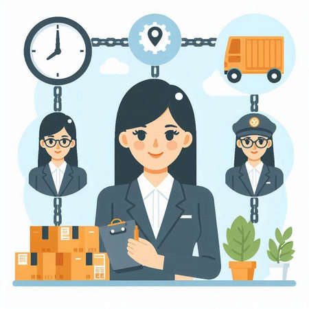 Delivery and logistics concept. Young woman in uniform with parcels in hands.のイラスト素材
