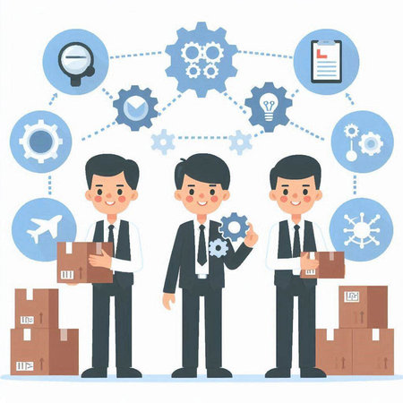 Businessman with gear and box. Concept of teamwork. Vector illustration.のイラスト素材