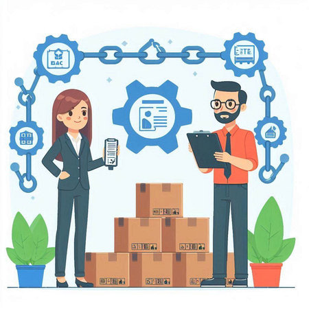 Vector illustration of a man and a woman in a business suit working in the office. The concept of teamwork and cooperation.のイラスト素材