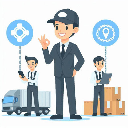 Delivery man in uniform holding mobile phone and showing ok sign with icons. Vector illustration.のイラスト素材