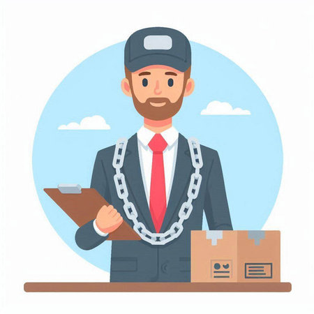 Delivery man with parcel and clipboard. Delivery service. Flat vector illustrationのイラスト素材