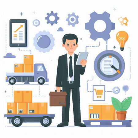 Businessman with a suitcase on the background of the warehouse. Vector illustrationのイラスト素材