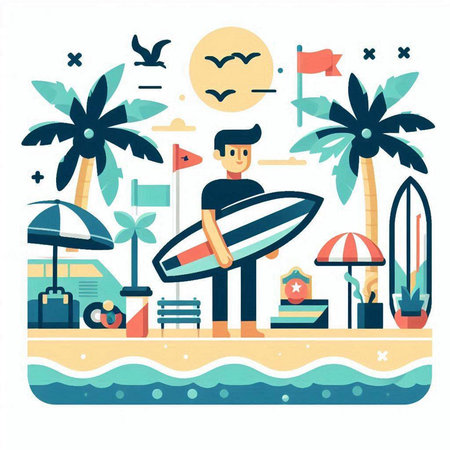Surfboarder on the beach flat vector illustration. Summer vacation concept.のイラスト素材
