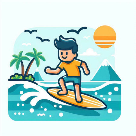 Surfer in the ocean. Vector illustration in flat cartoon style.のイラスト素材