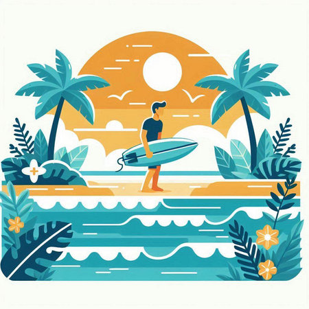 Surfer with surfboard on the beach. Flat vector illustration.のイラスト素材