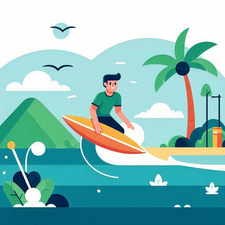 Man riding a surfboard on the beach. Vector illustration in flat styleのイラスト素材