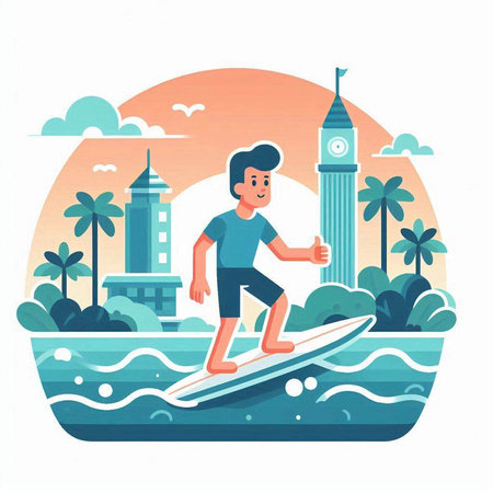 Surfer on Big Ben in the background. Flat style vector illustration.のイラスト素材