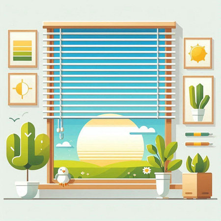 Window with blinds and sun. Vector illustration in flat style.のイラスト素材