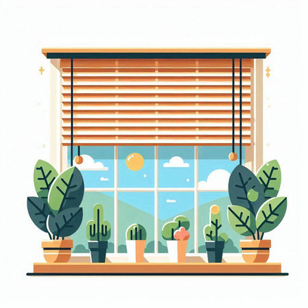 Window with blinds and plants. Vector illustration in flat style.のイラスト素材