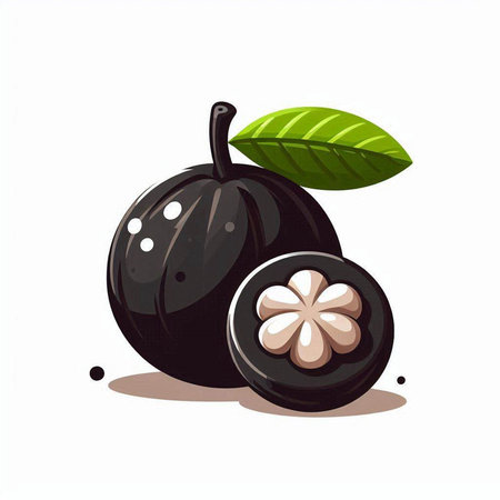 Illustration of fresh ripe mangosteen with leaves on white backgroundのイラスト素材
