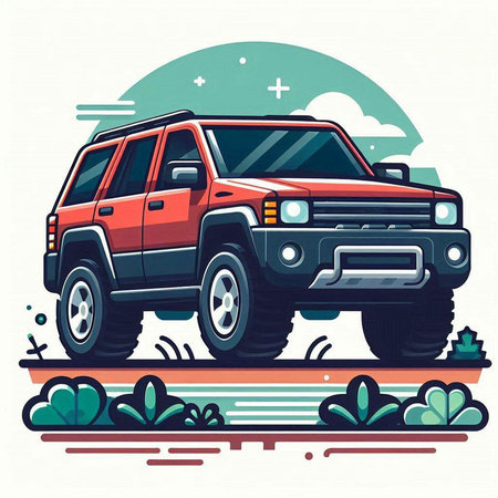 Off-road car on the road. Vector illustration in retro style.のイラスト素材