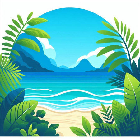 Tropical beach with palm trees and sea. Vector illustration.のイラスト素材