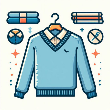 Blue sweater on a hanger. Vector illustration in linear style.のイラスト素材