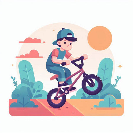 Boy riding a bike in the park. Flat style vector illustration.のイラスト素材