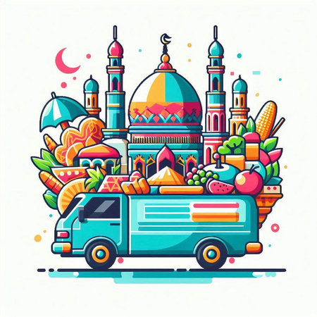 Vector illustration of a truck with food in the shape of a mosqueのイラスト素材