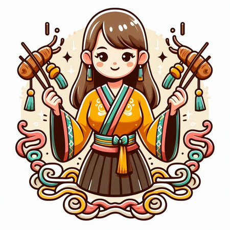 Cute cartoon chinese girl in traditional costume. Vector illustration.のイラスト素材