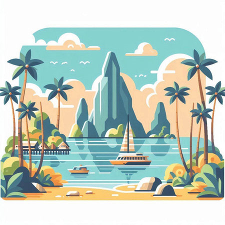 Tropical island with palm trees and boats. Vector illustration.のイラスト素材