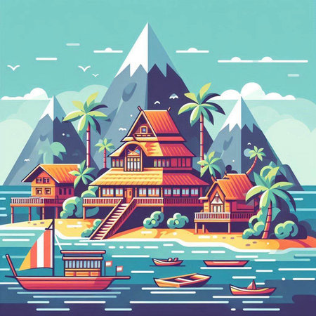 Houses on the coast of the sea. Vector illustration in flat styleのイラスト素材