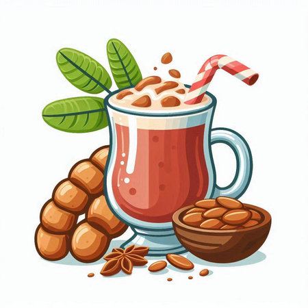 Cup of hot chocolate with whipped cream, cocoa beans, cookies and candy cane. Vector illustration.のイラスト素材