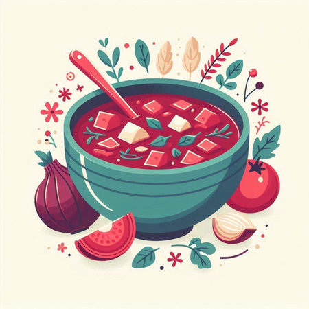 Bowl of fresh borscht with ingredients. Vector illustration.のイラスト素材