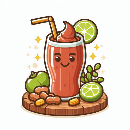Cute cartoon smoothie character with fruits and berries. Vector illustration.のイラスト素材