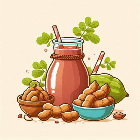 Peanut milk in a glass jar with nuts. Vector illustration.のイラスト素材