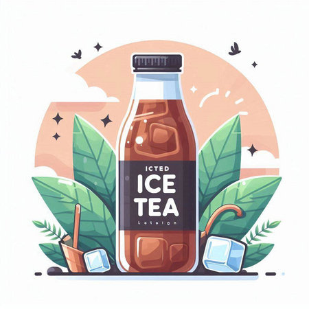 Iced tea with ice in bottle. Vector illustration in flat styleのイラスト素材