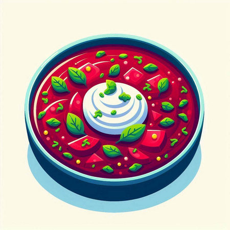 Vector illustration of a bowl of borscht with sour cream and basilのイラスト素材