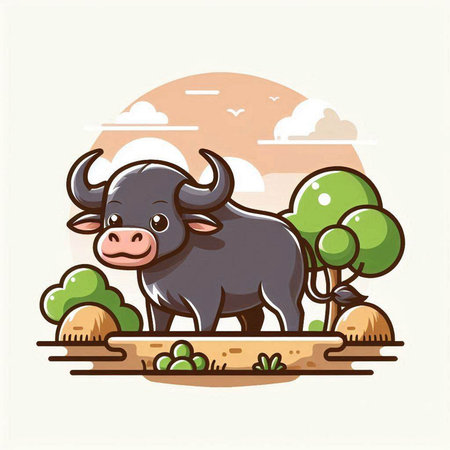Cute cartoon buffalo in the park. Vector illustration of wild animal.のイラスト素材