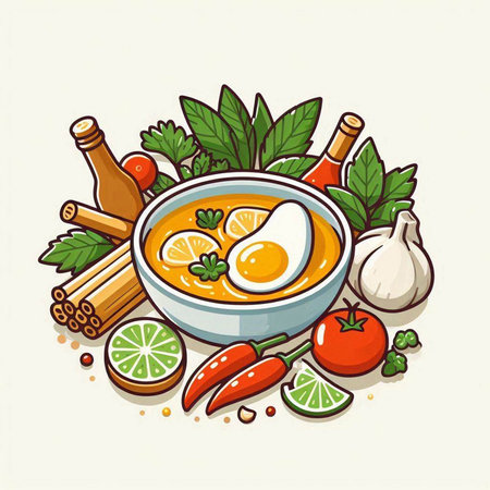 Illustration of bowl of Thai soup with ingredients and spices on white background.のイラスト素材