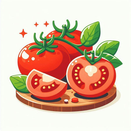 Tomatoes on wooden board. Vector illustration isolated on white background.のイラスト素材