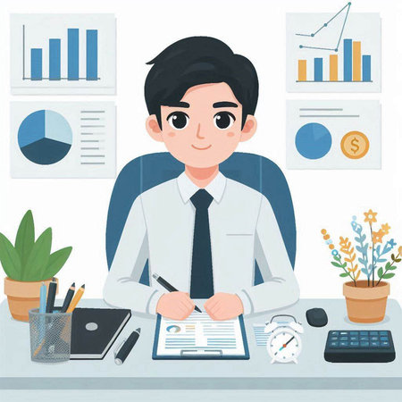 Businessman working in office. Vector illustration in flat cartoon style.のイラスト素材