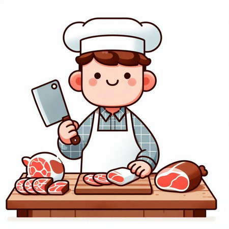 Illustration of a Cute Cartoon Chef with Meat Chopping Boardのイラスト素材