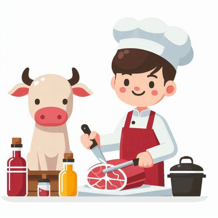 Illustration of a Cute Kid Boy Cooking in the Kitchen with His Cowのイラスト素材