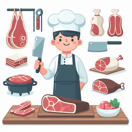 Butcher with meat and meat products. Vector illustration in cartoon styleのイラスト素材