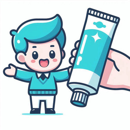 Cute boy holding tube of toothpaste, vector cartoon illustration.のイラスト素材