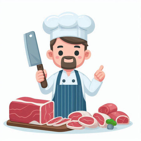 Chef with meat and knife. Vector illustration in cartoon style.のイラスト素材