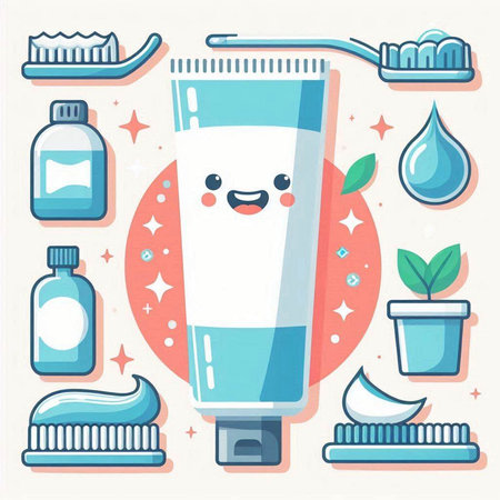 Cute cartoon toothpaste character with toothbrush, toothpaste, toothpaste, toothpaste, toothpaste. Vector illustration.のイラスト素材