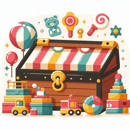 Vector illustration of a wooden box with toys. Flat style design.のイラスト素材