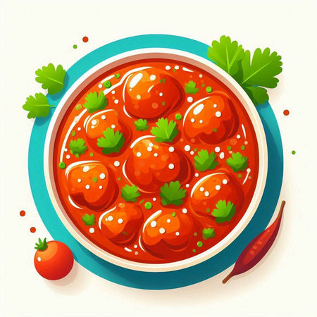 Bowl of tomato sauce with parsley and chili pepper. Vector illustration.のイラスト素材