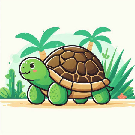 Turtle and palm trees. Cute cartoon character. Vector illustration.のイラスト素材