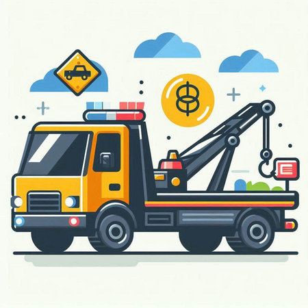 Vector illustration of tow truck with car and money in flat style.のイラスト素材