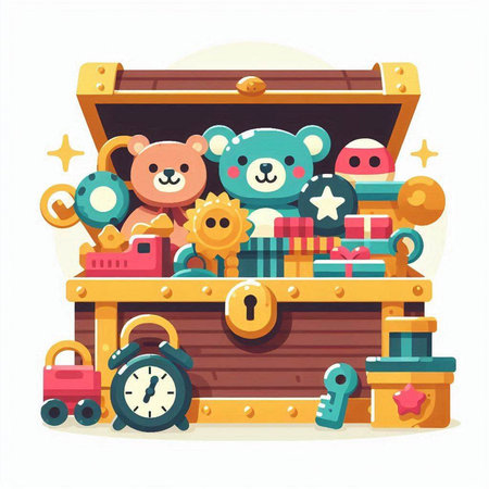 Wooden chest with toys. Vector illustration in flat cartoon style.のイラスト素材