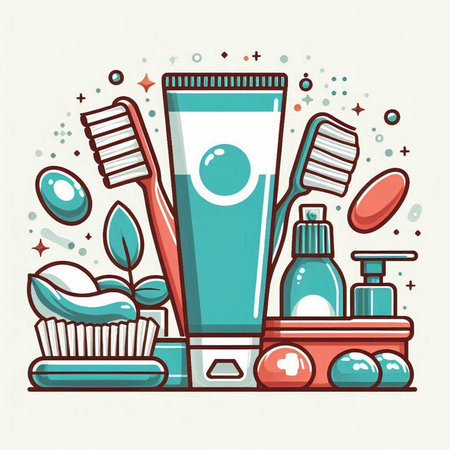 Cosmetic set with toothbrushes, toothpaste, cream, shampoo, tonic, gel and lotion. Vector illustration.のイラスト素材