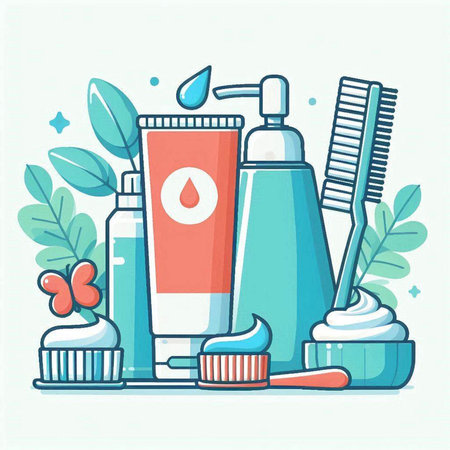 Set of toothbrushes, toothpaste, shampoo, cream, toothpaste. Vector illustration.のイラスト素材