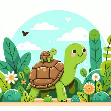 Cute Cartoon Tortoise and Turtle in the Garden. Vector Illustrationのイラスト素材