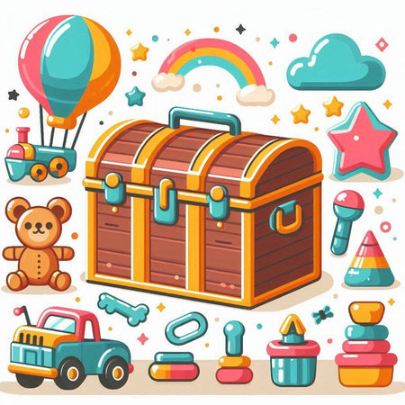 Illustration of a set of toys and items for a child.のイラスト素材