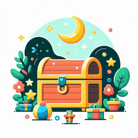 Wooden chest with gifts and toys. Vector illustration in cartoon style.のイラスト素材