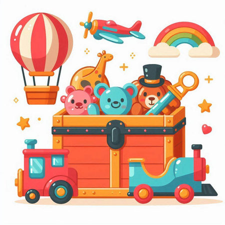Toys in a wooden box. Vector illustration in cartoon style.のイラスト素材