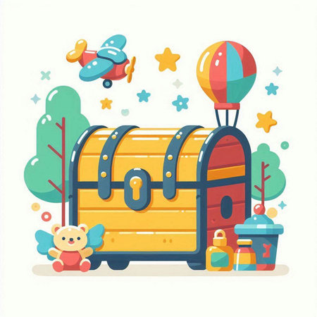 Treasure chest with toys. Vector illustration in flat cartoon style.のイラスト素材